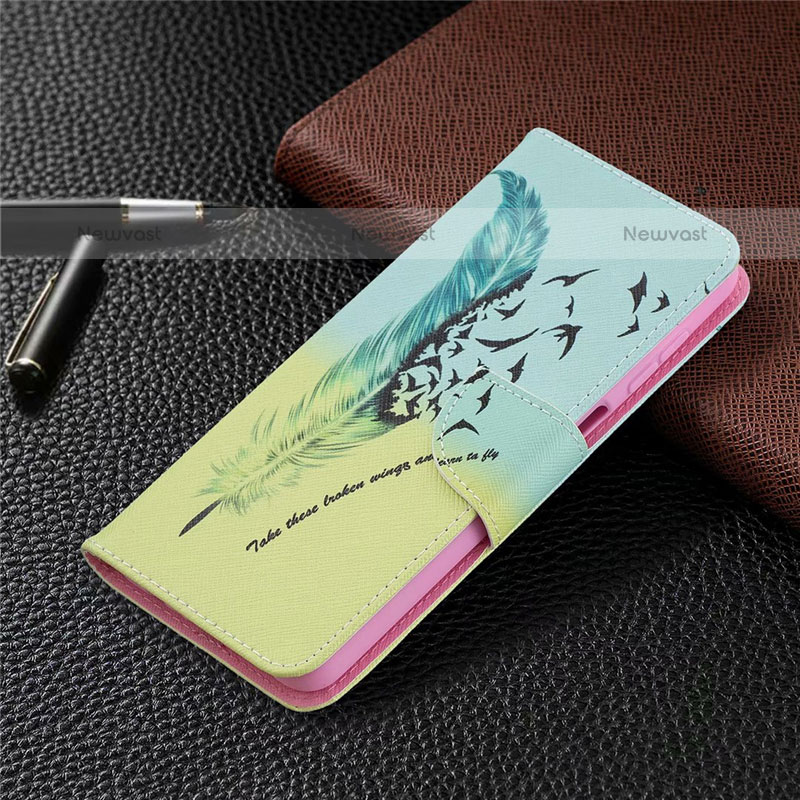 Leather Case Stands Flip Cover L03 Holder for Samsung Galaxy F12 Cyan