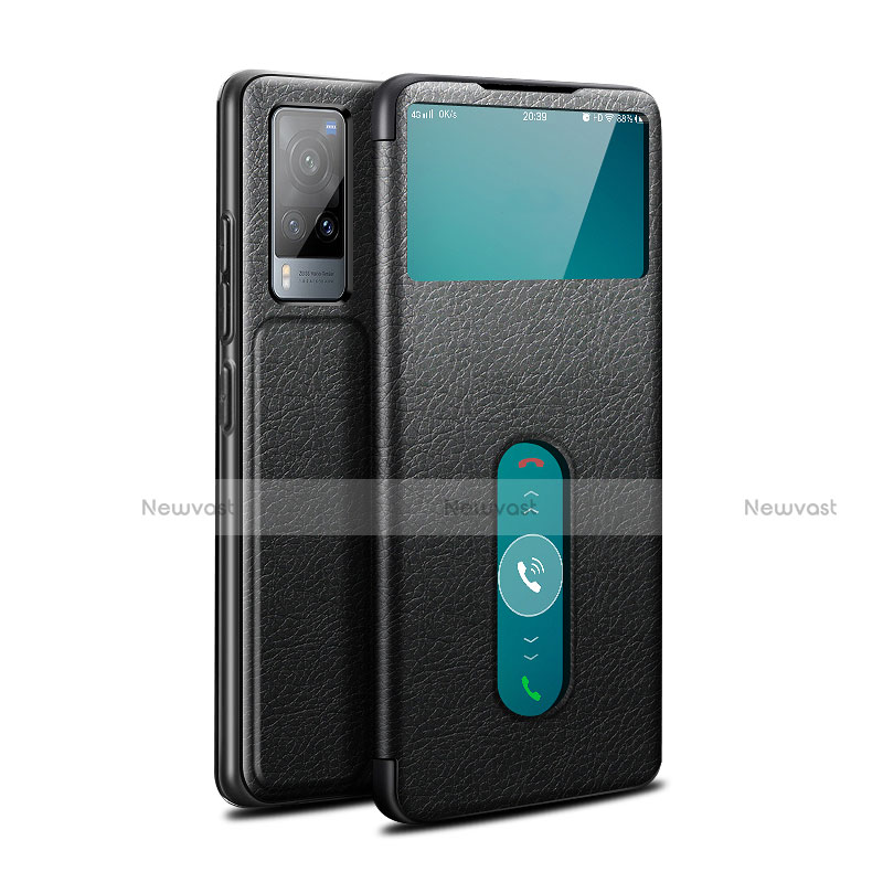 Leather Case Stands Flip Cover L03 Holder for Vivo X60 5G Black