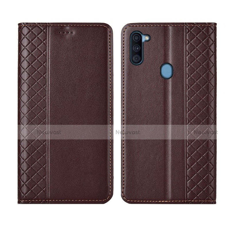 Leather Case Stands Flip Cover L04 Holder for Samsung Galaxy A11 Brown