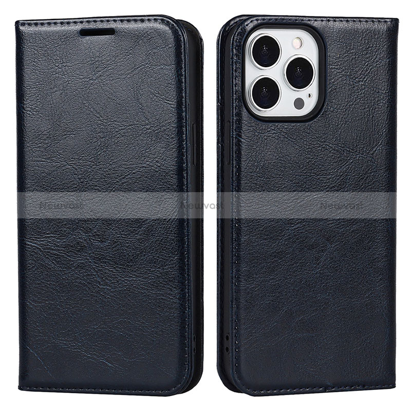 Leather Case Stands Flip Cover L05 Holder for Apple iPhone 14 Pro Max Navy Blue