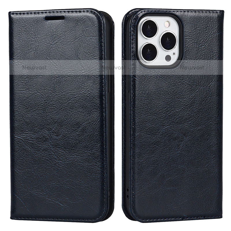 Leather Case Stands Flip Cover L05 Holder for Apple iPhone 15 Pro Navy Blue