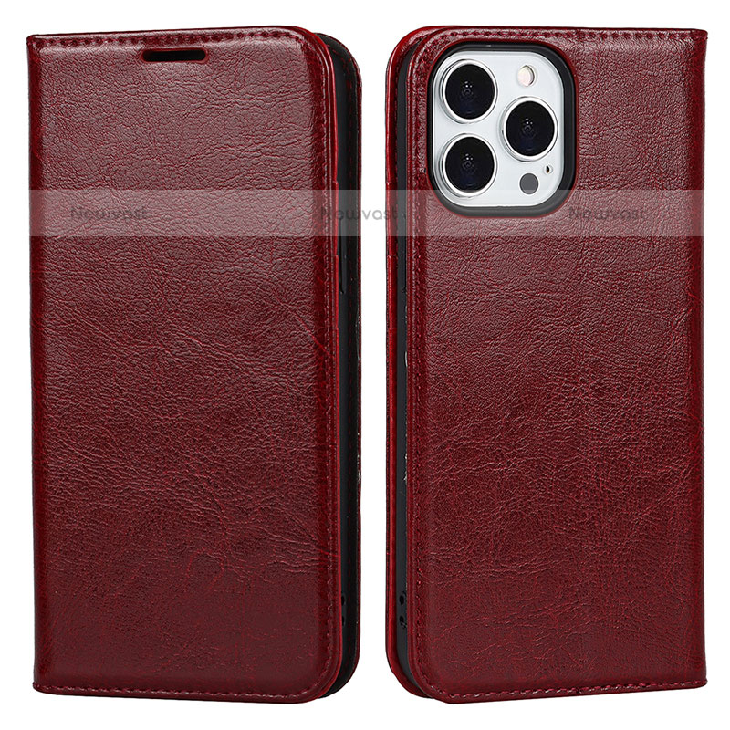 Leather Case Stands Flip Cover L05 Holder for Apple iPhone 15 Pro Red Wine