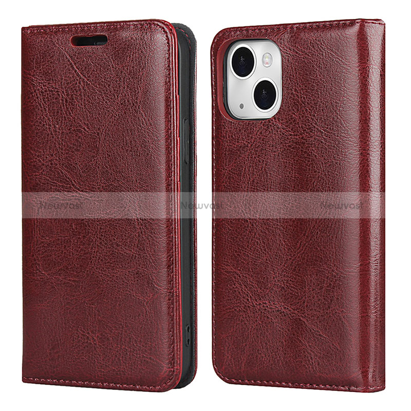 Leather Case Stands Flip Cover L05 Holder for Apple iPhone 15 Red Wine