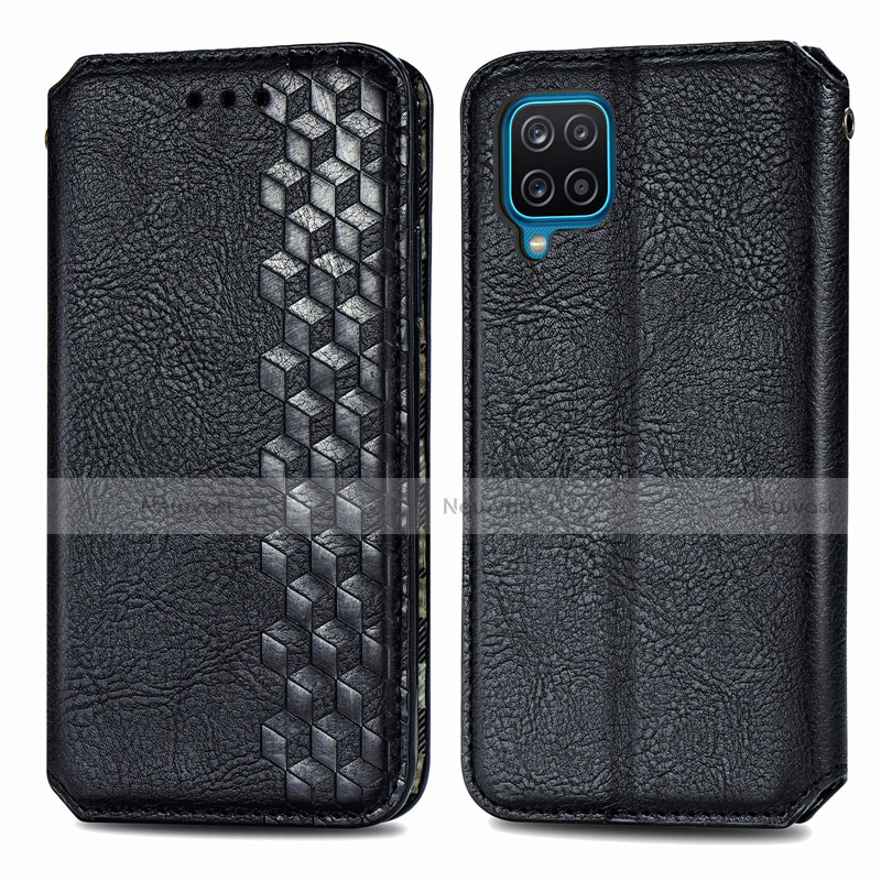 Leather Case Stands Flip Cover L06 Holder for Samsung Galaxy A12 Black