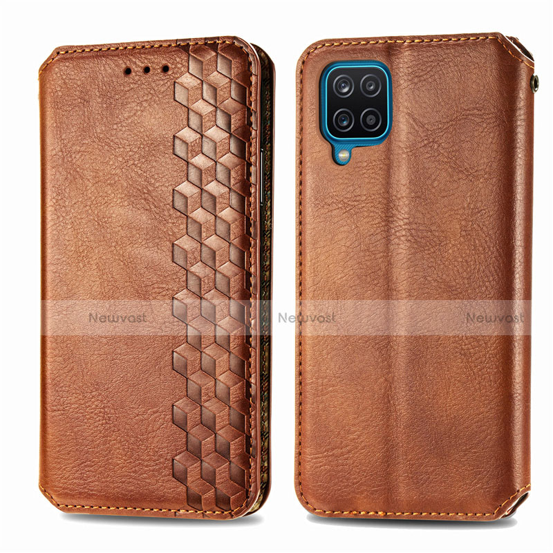 Leather Case Stands Flip Cover L06 Holder for Samsung Galaxy A12 Brown