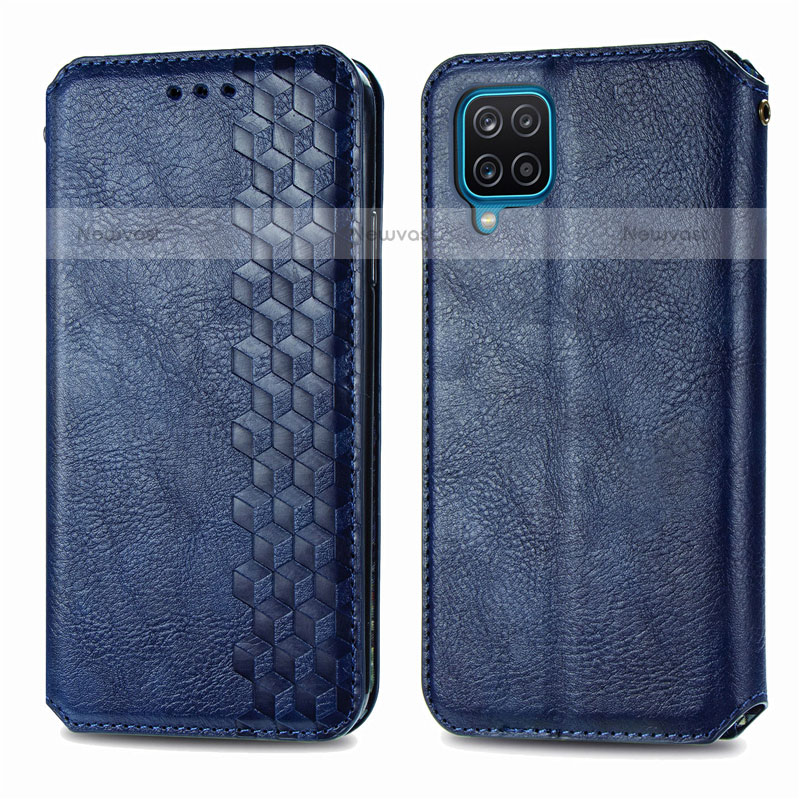 Leather Case Stands Flip Cover L06 Holder for Samsung Galaxy F12 Blue