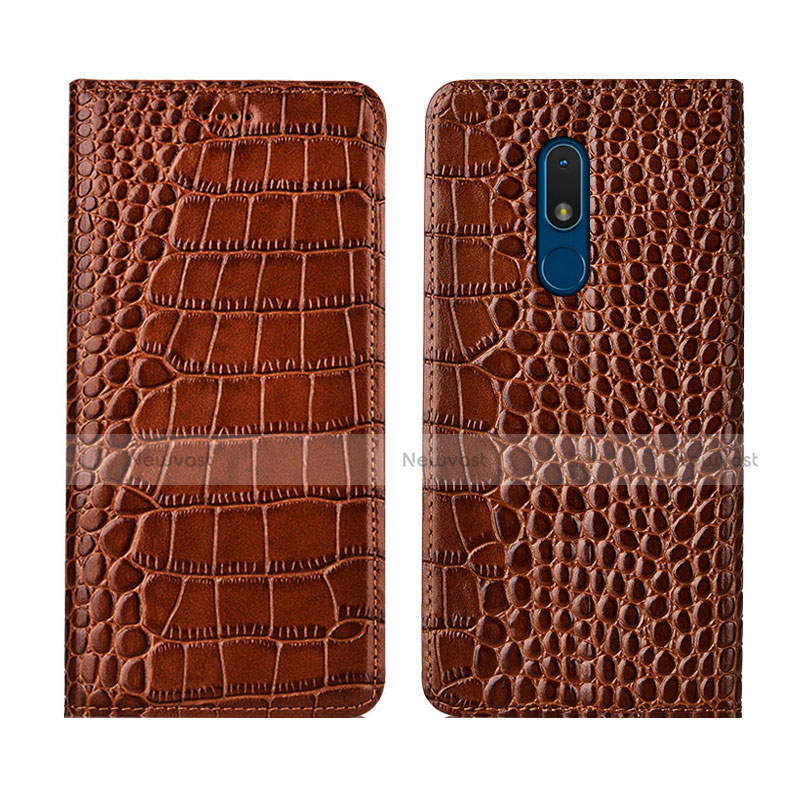 Leather Case Stands Flip Cover L07 Holder for Nokia C3 Light Brown