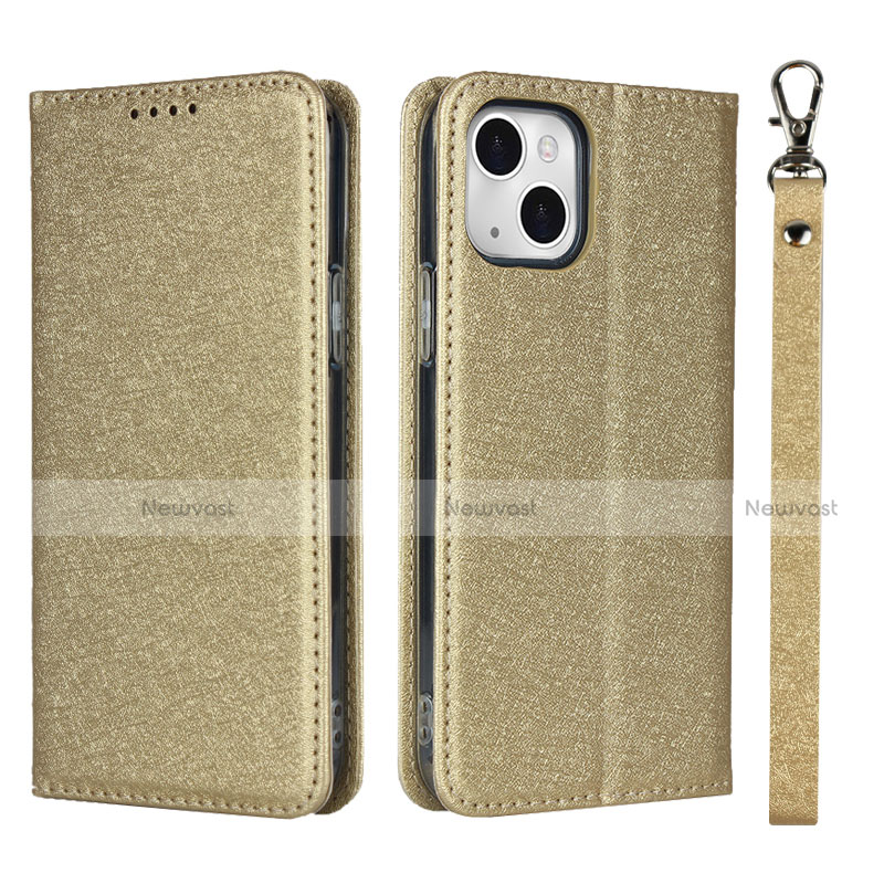 Leather Case Stands Flip Cover L08 Holder for Apple iPhone 14 Gold