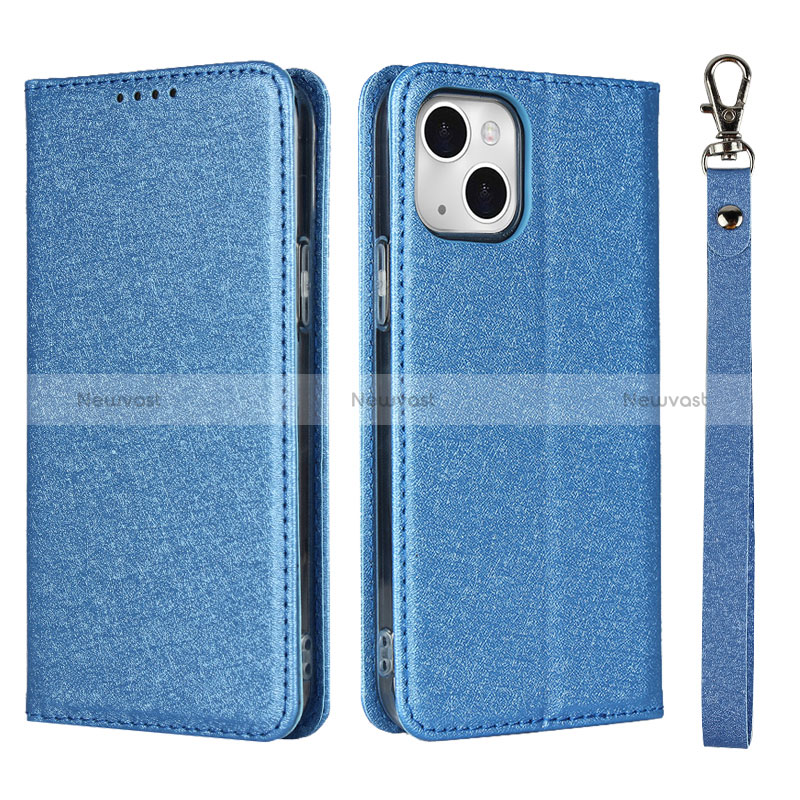 Leather Case Stands Flip Cover L08 Holder for Apple iPhone 15 Blue