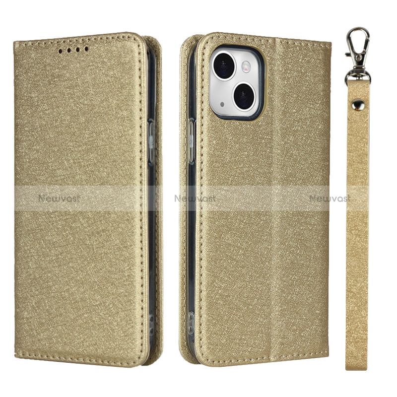 Leather Case Stands Flip Cover L08 Holder for Apple iPhone 15 Gold