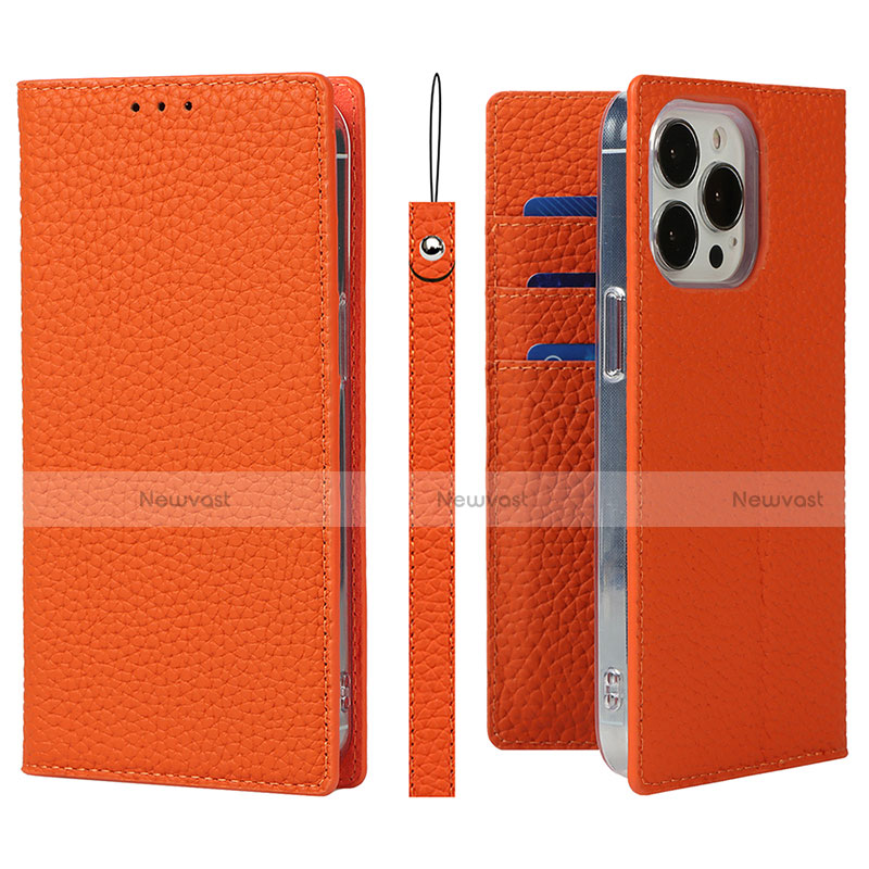 Leather Case Stands Flip Cover L09 Holder for Apple iPhone 13 Pro Orange