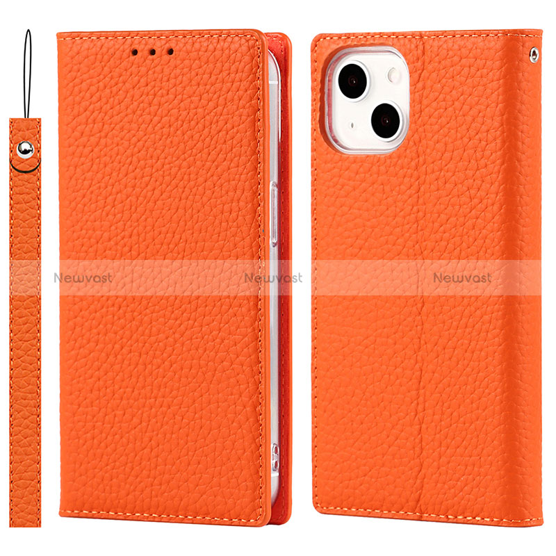 Leather Case Stands Flip Cover L09 Holder for Apple iPhone 15 Orange