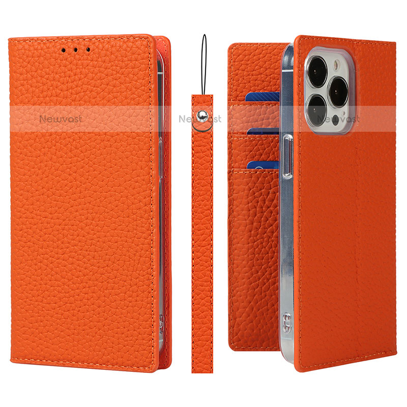 Leather Case Stands Flip Cover L09 Holder for Apple iPhone 15 Pro Max Orange