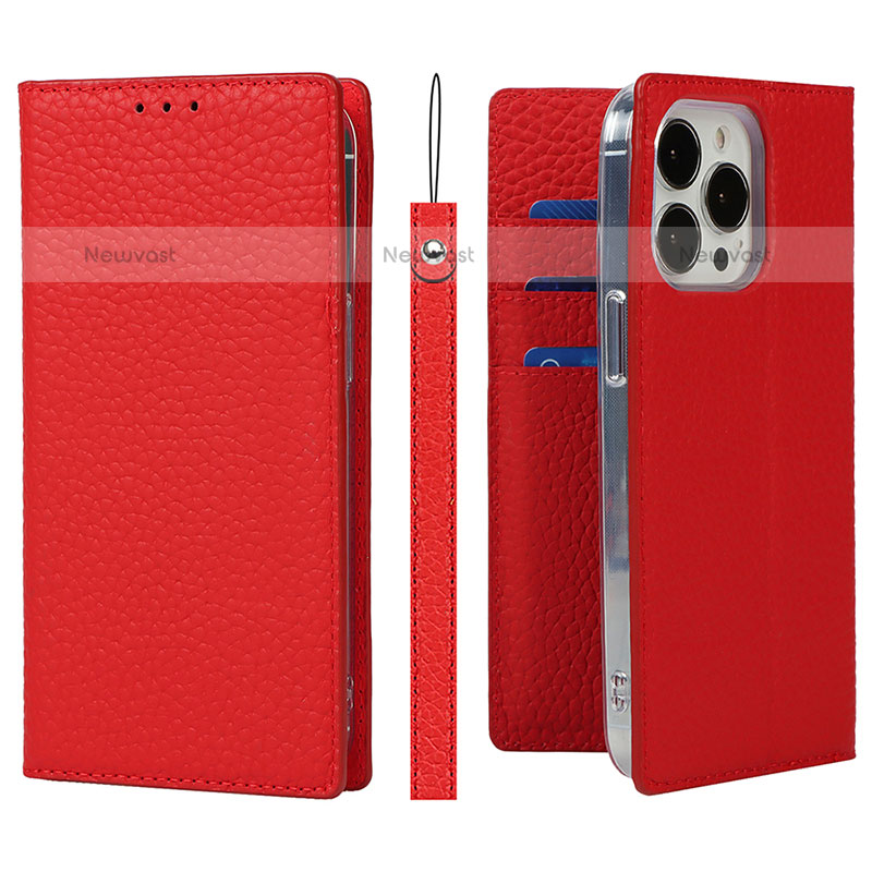 Leather Case Stands Flip Cover L09 Holder for Apple iPhone 15 Pro Red