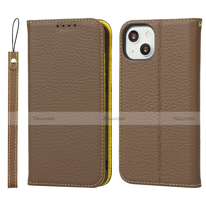 Leather Case Stands Flip Cover L10 Holder for Apple iPhone 13 Brown