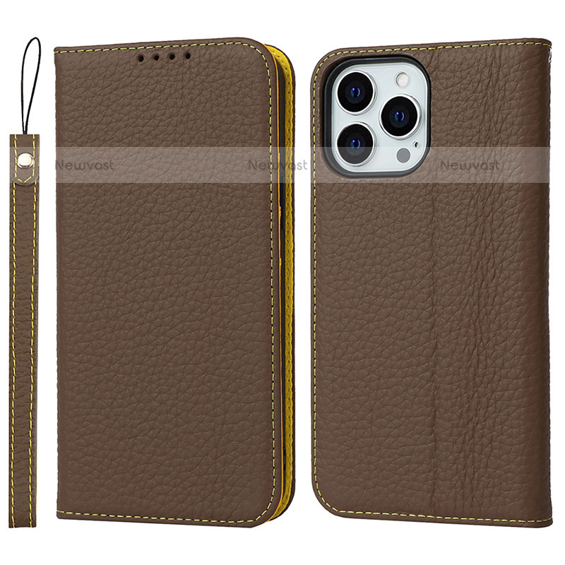 Leather Case Stands Flip Cover L10 Holder for Apple iPhone 15 Pro Max Brown