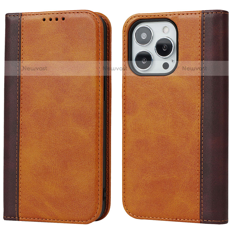 Leather Case Stands Flip Cover L12 Holder for Apple iPhone 15 Pro Brown