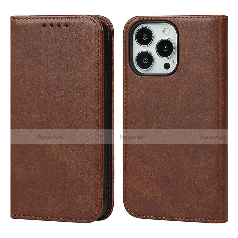 Leather Case Stands Flip Cover L14 Holder for Apple iPhone 13 Pro Brown