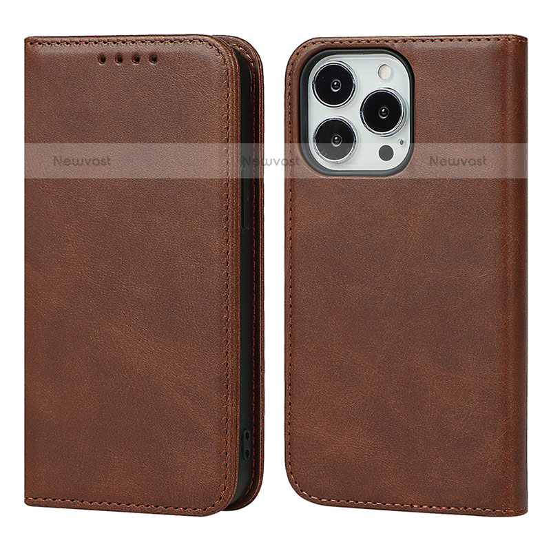 Leather Case Stands Flip Cover L14 Holder for Apple iPhone 15 Pro Brown