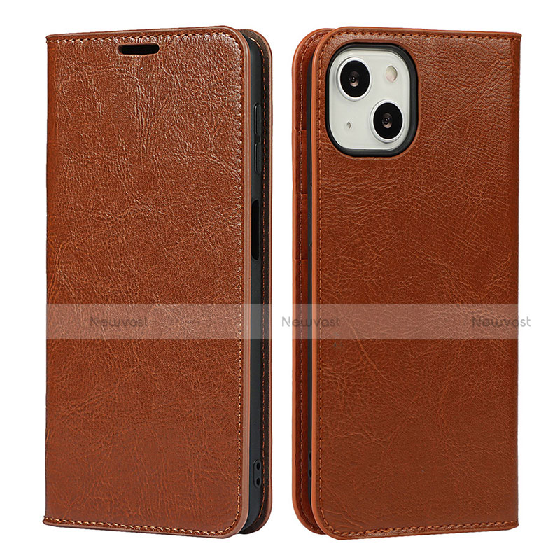 Leather Case Stands Flip Cover L17 Holder for Apple iPhone 14 Plus Light Brown