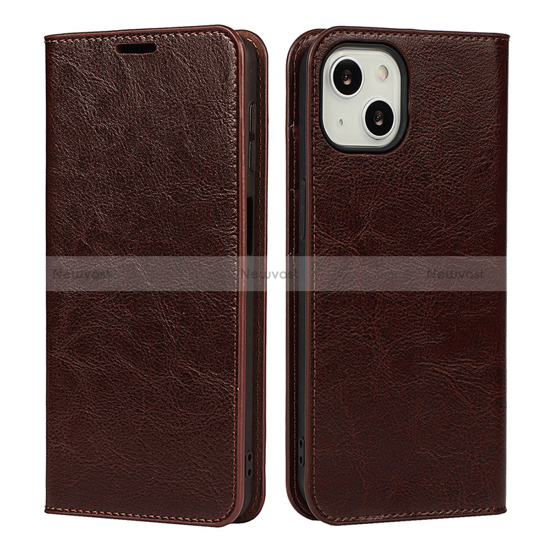 Leather Case Stands Flip Cover L17 Holder for Apple iPhone 15 Plus Brown