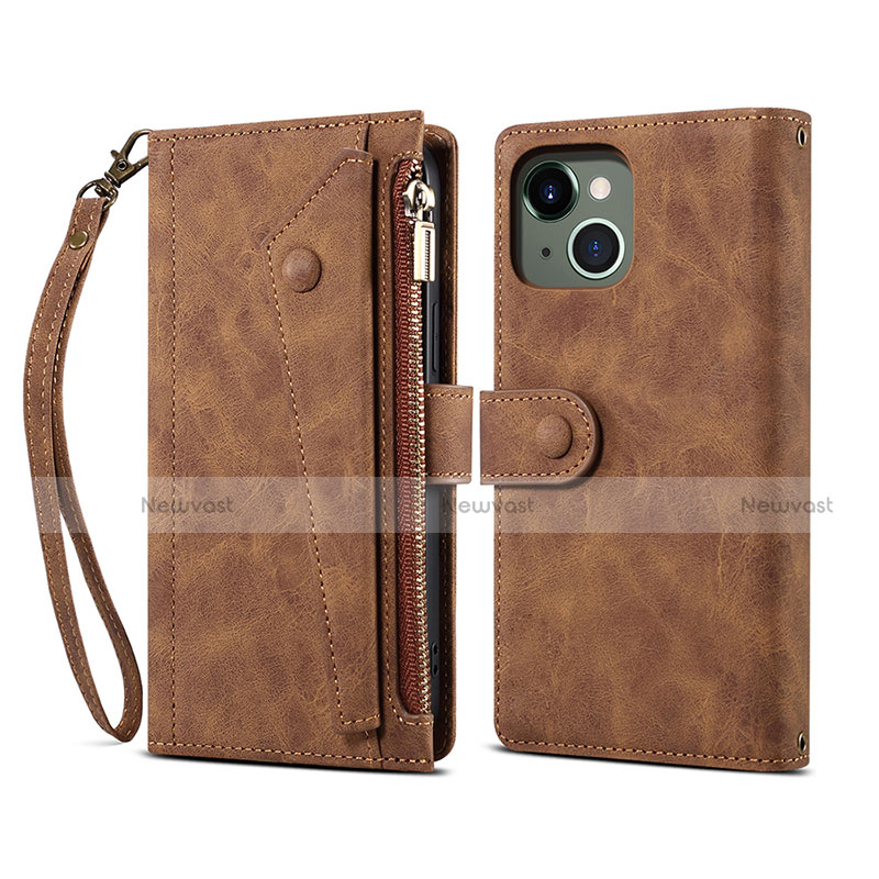 Leather Case Stands Flip Cover L20 Holder for Apple iPhone 14 Plus Brown