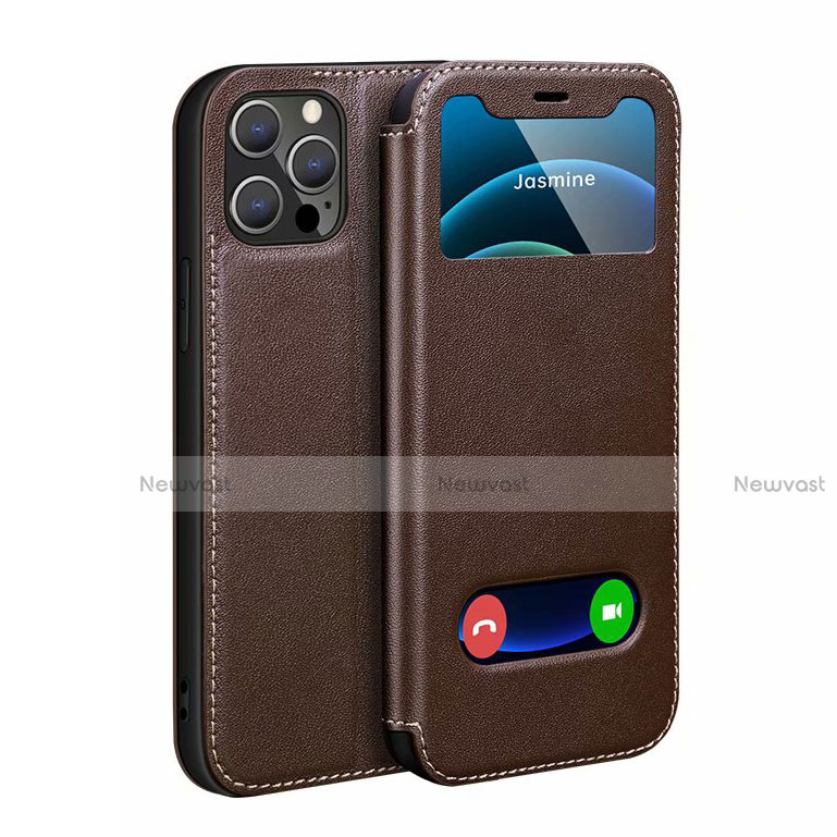 Leather Case Stands Flip Cover N01 Holder for Apple iPhone 12 Pro Max Brown