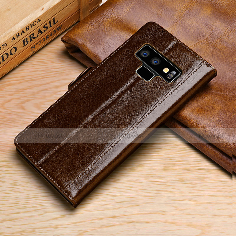 Leather Case Stands Flip Cover P01 Holder for Samsung Galaxy Note 9 Brown