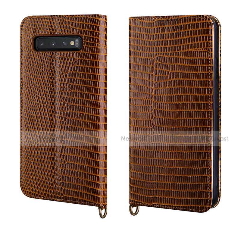 Leather Case Stands Flip Cover P04 Holder for Samsung Galaxy S10 5G Brown