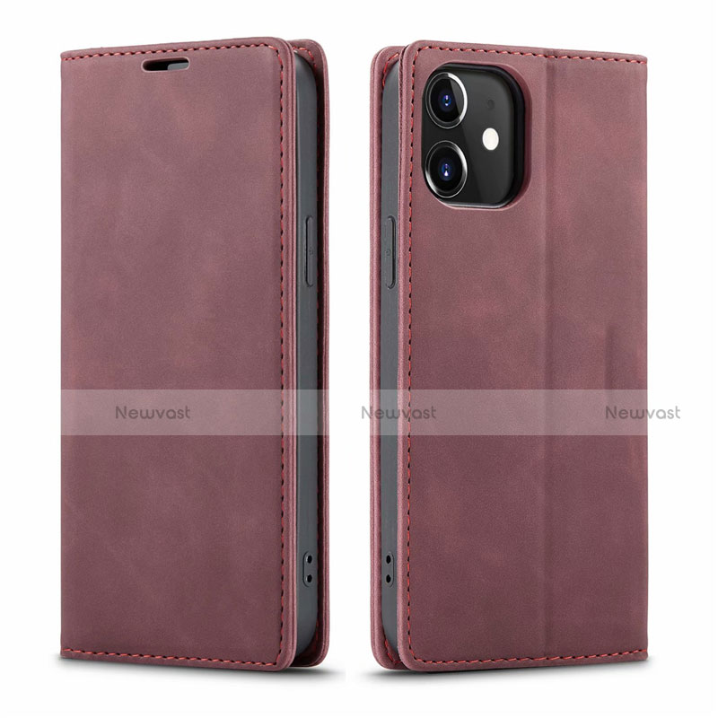 Leather Case Stands Flip Cover T01 Holder for Apple iPhone 12 Red Wine