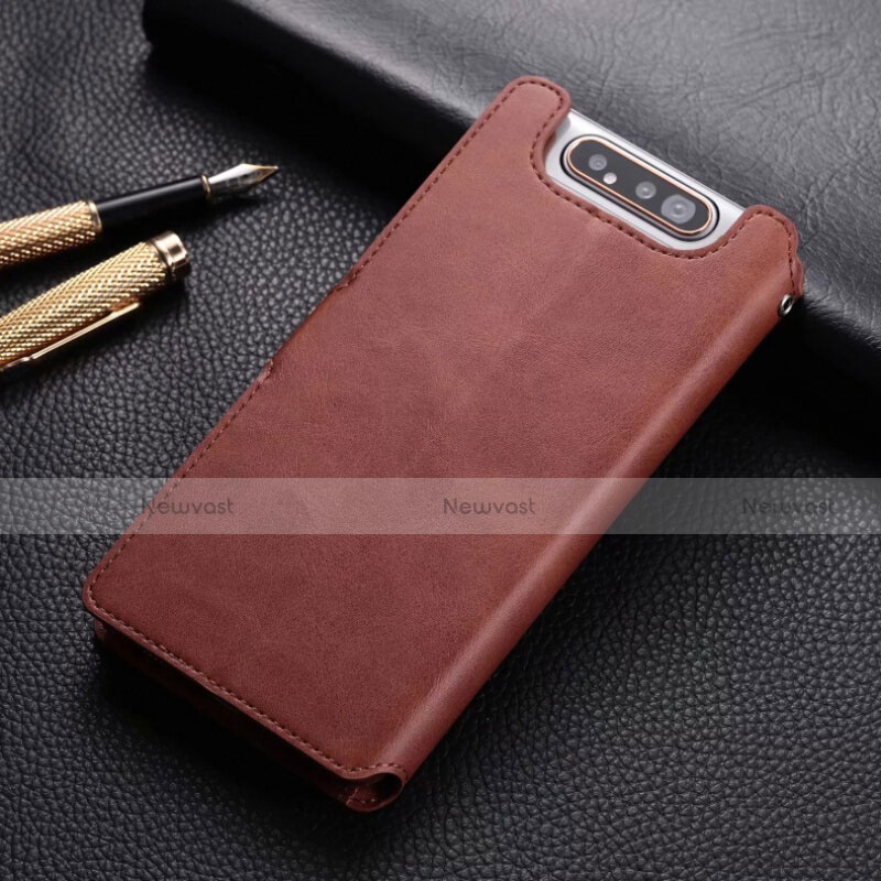 Leather Case Stands Flip Cover T01 Holder for Samsung Galaxy A80 Brown