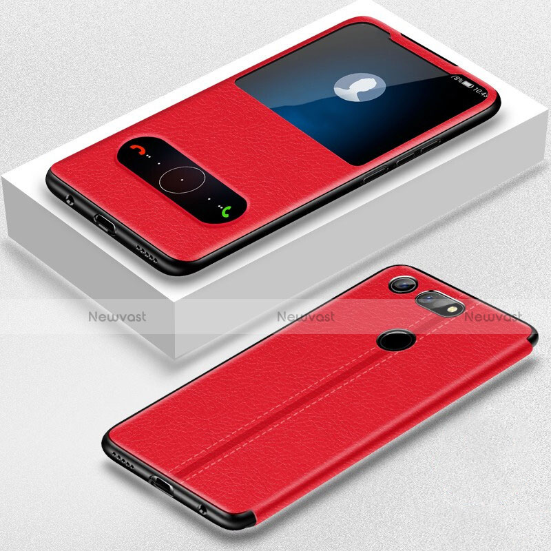 Leather Case Stands Flip Cover T02 Holder for Huawei Honor V20 Red