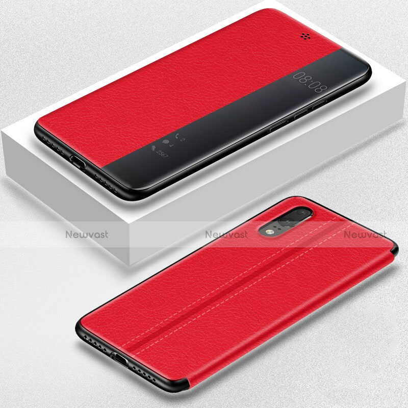 Leather Case Stands Flip Cover T02 Holder for Huawei P20 Red