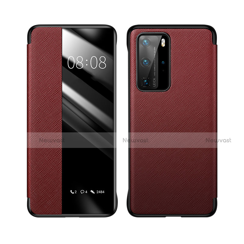 Leather Case Stands Flip Cover T02 Holder for Huawei P40 Pro Red Wine