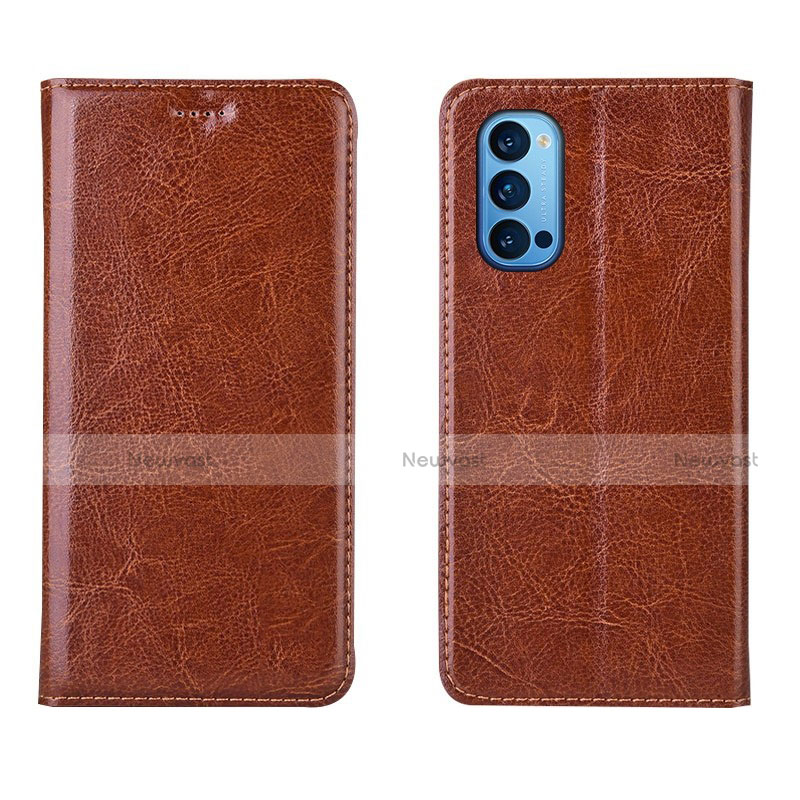 Leather Case Stands Flip Cover T02 Holder for Oppo Reno4 Pro 5G Brown