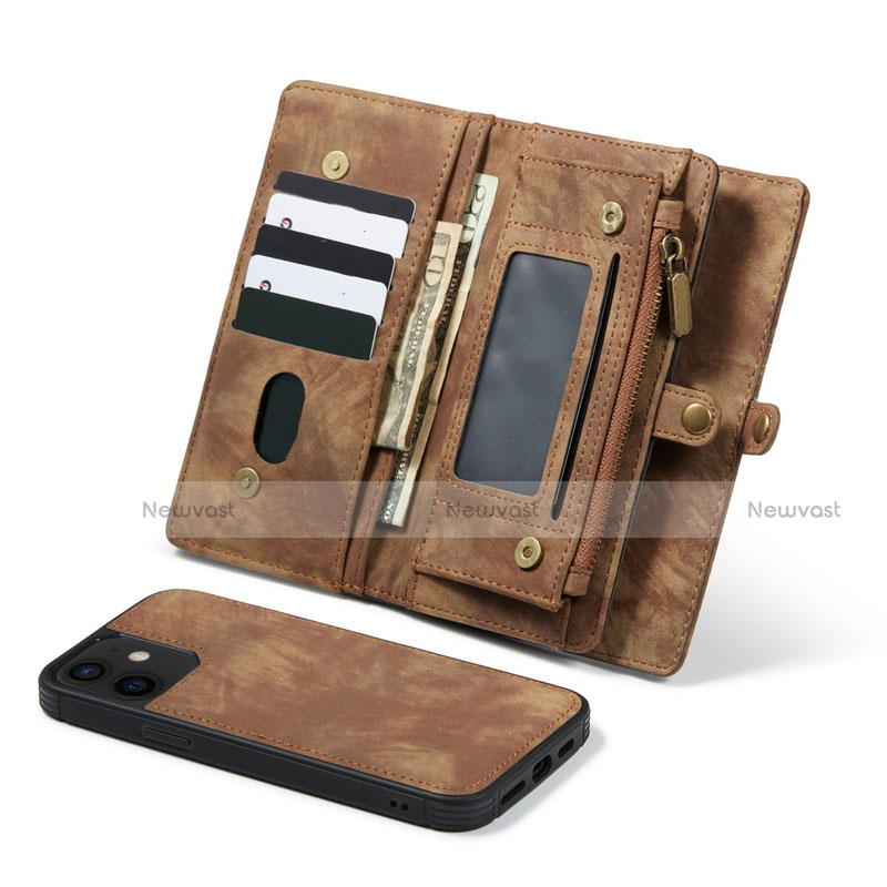 Leather Case Stands Flip Cover T03 Holder for Apple iPhone 12 Brown