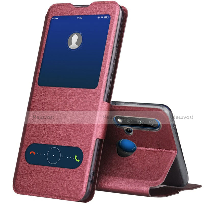 Leather Case Stands Flip Cover T03 Holder for Huawei P20 Lite (2019) Red Wine