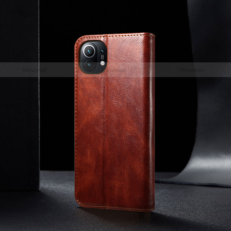 Leather Case Stands Flip Cover T03 Holder for Xiaomi Mi 11 Lite 4G Brown