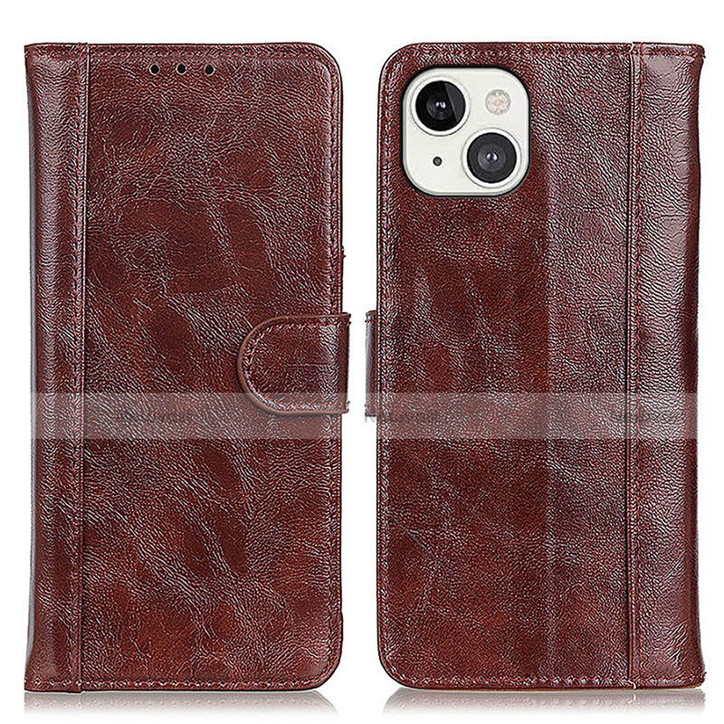 Leather Case Stands Flip Cover T04 Holder for Apple iPhone 14 Plus Brown