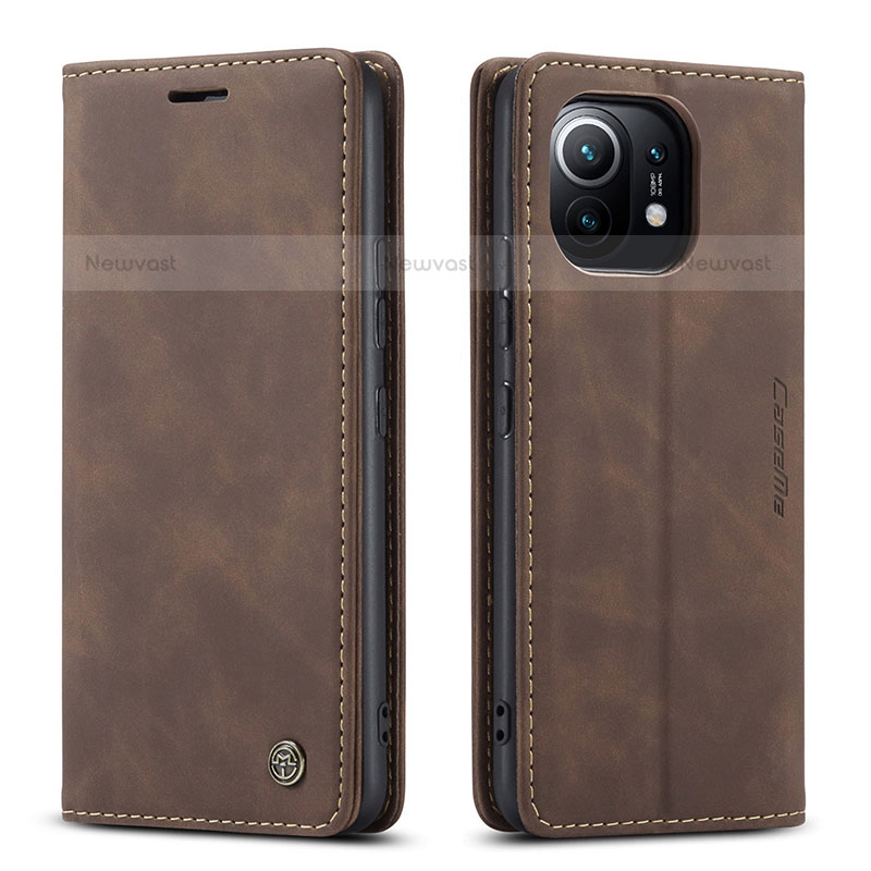 Leather Case Stands Flip Cover T04 Holder for Xiaomi Mi 11 Lite 4G Brown