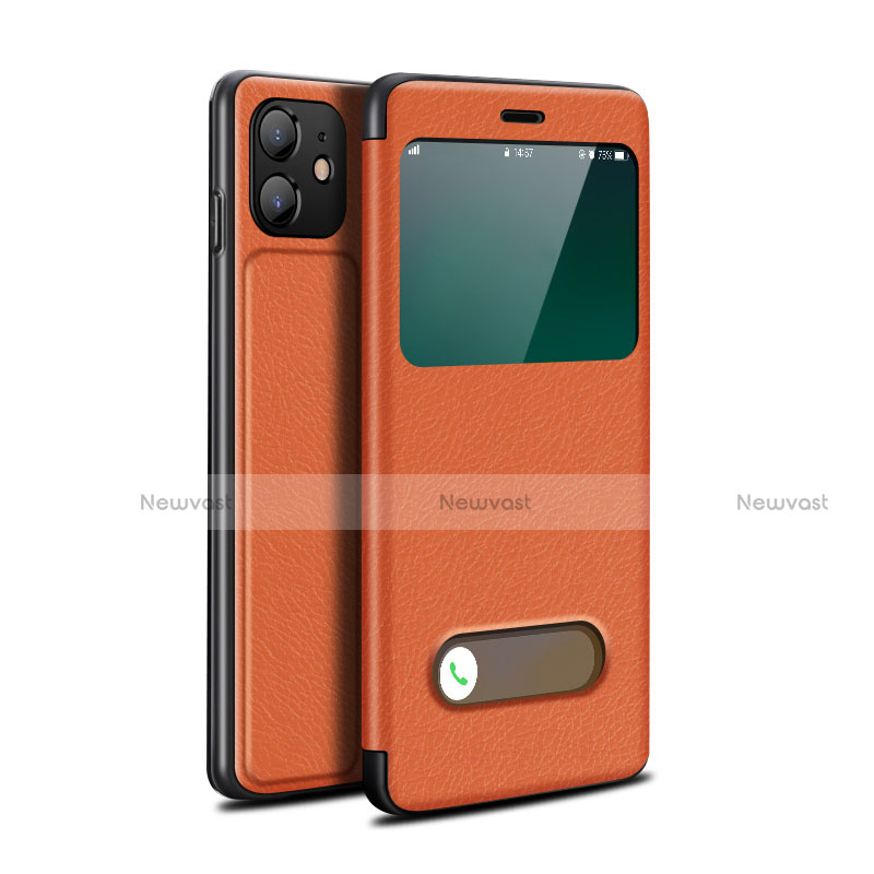 Leather Case Stands Flip Cover T05 Holder for Apple iPhone 12 Orange