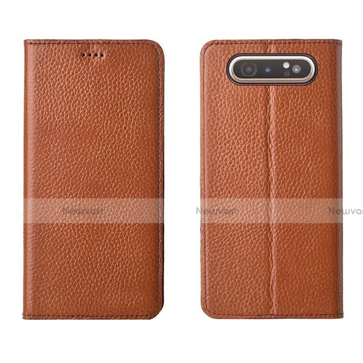 Leather Case Stands Flip Cover T05 Holder for Samsung Galaxy A90 4G Orange