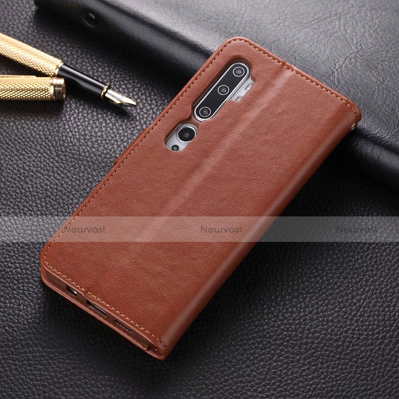 Leather Case Stands Flip Cover T05 Holder for Xiaomi Mi Note 10 Brown