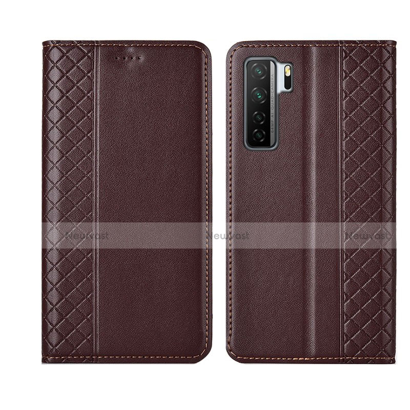 Leather Case Stands Flip Cover T06 Holder for Huawei Nova 7 SE 5G Brown