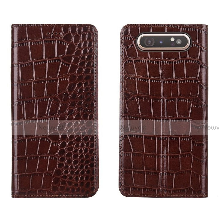 Leather Case Stands Flip Cover T06 Holder for Samsung Galaxy A80 Brown