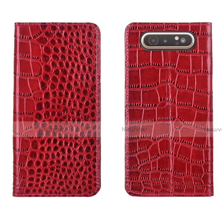 Leather Case Stands Flip Cover T06 Holder for Samsung Galaxy A80 Red