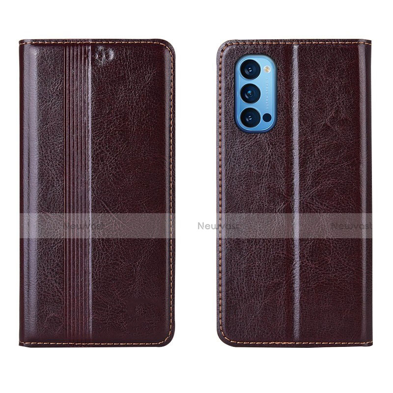 Leather Case Stands Flip Cover T07 Holder for Oppo Reno4 5G Brown