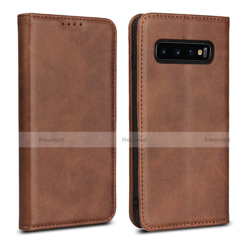 Leather Case Stands Flip Cover T07 Holder for Samsung Galaxy S10 5G Brown