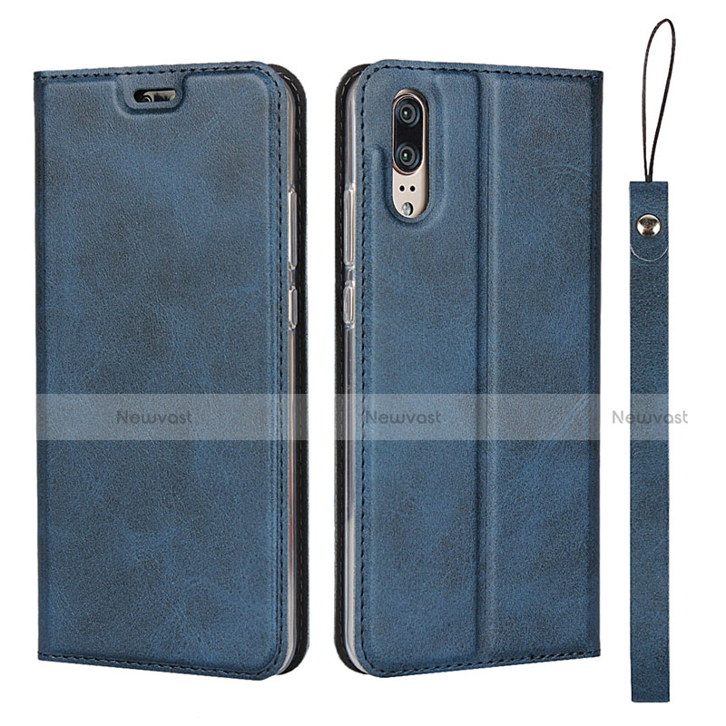 Leather Case Stands Flip Cover T08 Holder for Huawei P20 Blue