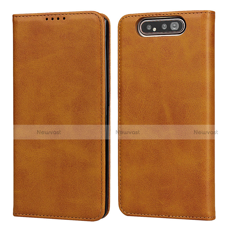 Leather Case Stands Flip Cover T08 Holder for Samsung Galaxy A80 Orange